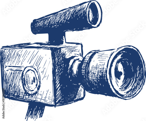 Vintage camcorder sketch, hand drawn style with detailed lens and viewfinder. Vector illustration