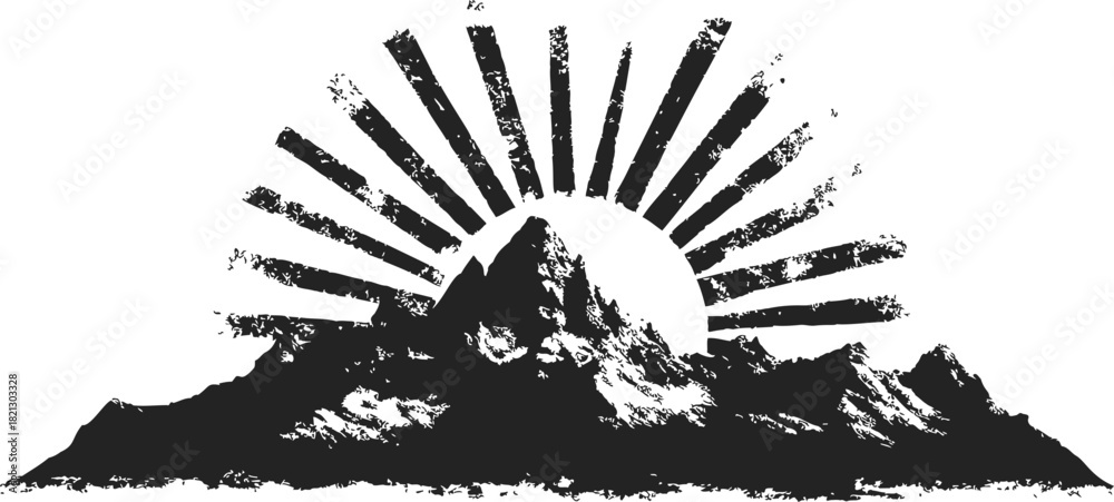 Naklejka premium Mountain silhouette sketch with sunburst rays in grunge hand drawn style. Vector illustration