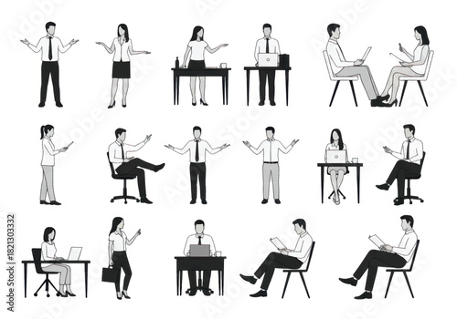 Business professionals in various poses, illustrating collaboration, communication, and office activities