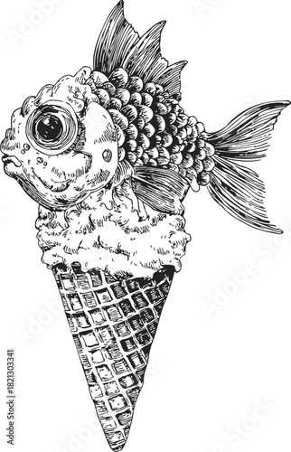 Fish ice cream cone sketch, hand drawn surreal dessert with detailed scales and waffle. Vector illustration