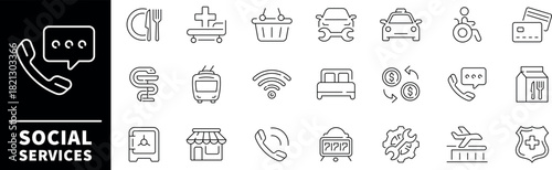 Social services vector icons. Social services thin line icon collection. Community, service, support related icons