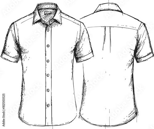 Shirt sketch hand drawn short sleeve button up front and back view. Vector illustration