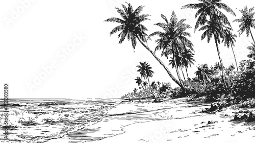 Palm trees, hand drawn sketch tropical beach with ocean waves and sandy shore. Vector illustration
