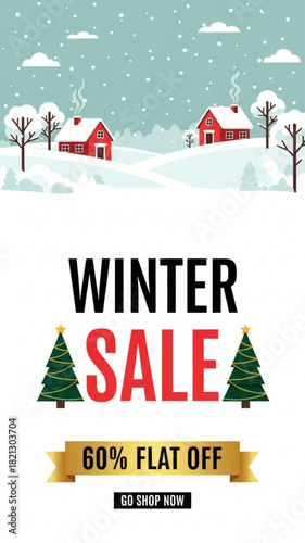 Flat Design Winter Sale Banner Template with 60% Off Discount.