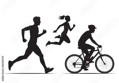 Silhouettes of Running, Jumping, and Cycling Figures in Motion