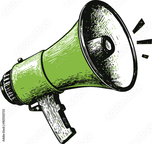 Green megaphone sketch, hand drawn style, angled with sound lines. Vector illustration