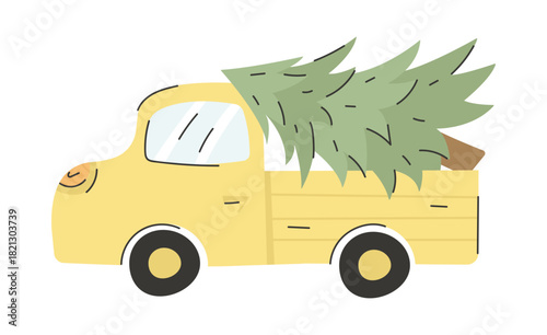 Cute vintage yellow pickup truck with Christmas tree illustration. Isolated on white background.