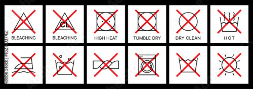 Do Not Laundry Symbols Set - Forbidden Care Instructions & Prohibited Washing Icons.