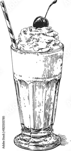 Milkshake sketch hand drawn with whipped cream cherry and straw in tall glass. Vector illustration