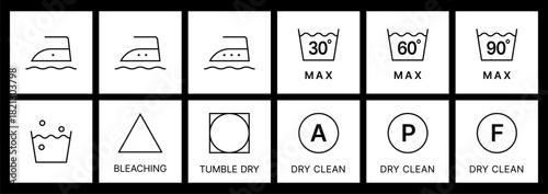 Minimal ISO 3758 Laundry Care Symbols Set - Washing, Tumble Dry, Ironing & Dry Clean Instructions.