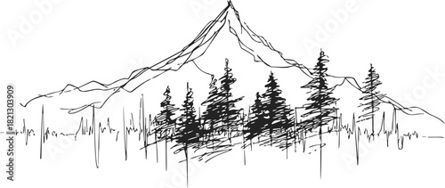 Mountain landscape sketch, hand drawn pine trees and rocky peak in black and white. Vector illustration