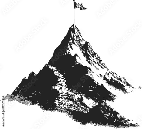 Mountain peak sketch with summit flag, hand drawn rugged landscape. Vector illustration