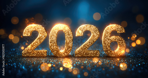 Shimmering golden numbers 2026 illuminated against a dark background with sparkling bokeh lights, creating a festive atmosphere for New Year celebrations and future aspirations