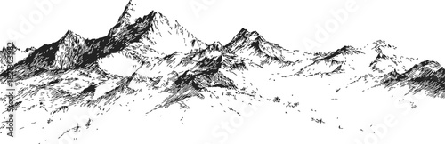 Mountain range sketch, hand drawn line art landscape with rugged peaks. Vector illustration