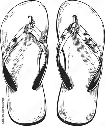 Flip-flops sketch hand drawn summer sandals top view with detailed straps. Vector illustration