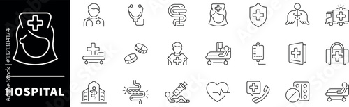 Hospital vector icons. Hospital thin line icon set. Medical icon set. Doctor, medicine, hospital, treatment, healthcare, nurse, pills, clinic, hospital icons