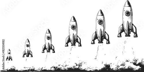 Rocket launch sequence sketch, hand drawn vector showing stages of liftoff. Vector illustration