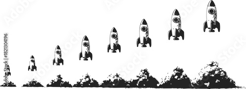 Rocket launch sequence sketch, hand drawn vector, showing stages of liftoff above trees. Vector illustration