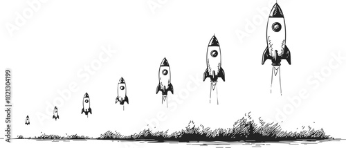 Rocket launch sequence sketch, hand drawn style, showing stages of liftoff and ascent. Vector illustration