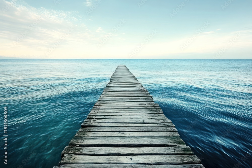 Obraz premium A wooden pier extends into the calm blue waters of the ocean, leading to a distant island. The sky is a clear blue, and the sun shines brightly, casting a warm glow on the scene.