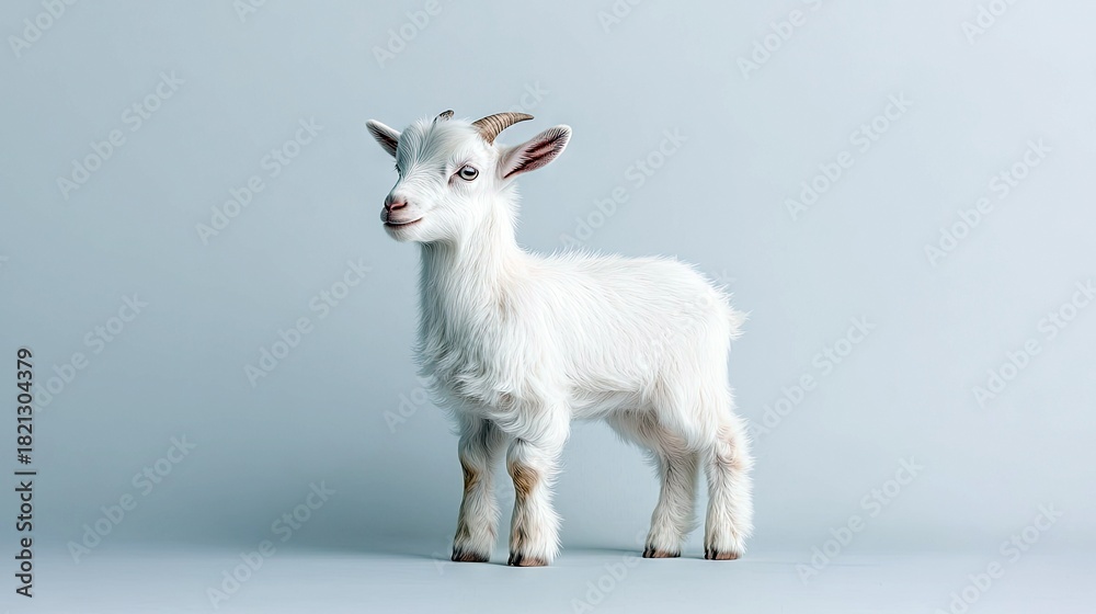 Obraz premium A young, white goat with small horns stands facing left against a plain, light blue backdrop. The lighting is soft and diffused, creating a gentle mood.