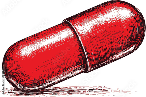 Red capsule sketch, hand drawn style, detailed pharmaceutical medicine illustration. Vector illustration