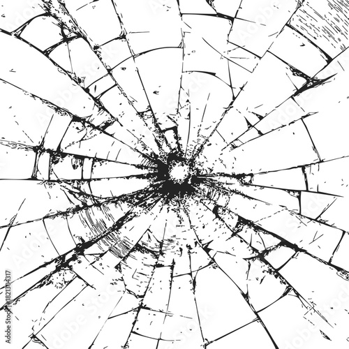 Broken glass sketch, hand drawn style with radial cracks and shattered fragments. Vector illustration