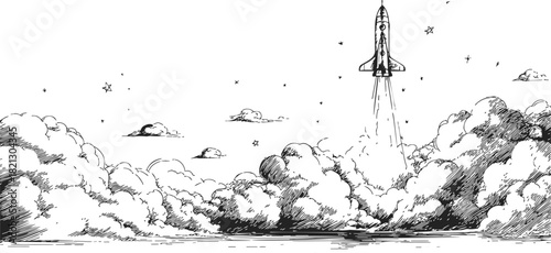 Rocket launch sketch, hand drawn style with clouds and stars in sky. Vector illustration