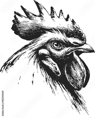 Rooster head sketch, hand drawn black and white detailed portrait. Vector illustration