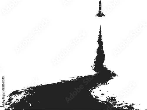 Rocket launch sketch with dramatic smoke trail in minimalist hand drawn style. Vector illustration