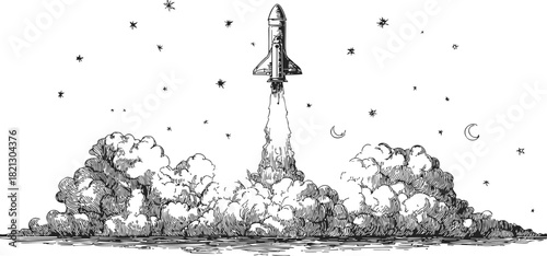 Rocket launch sketch, hand drawn style with smoke clouds and night sky. Vector illustration
