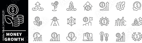 Money growth vector icons set. Financial profit icons in line style. Money income growth vector icons. Money, savings, finance, growth, investment, payment, earnings, income icons
