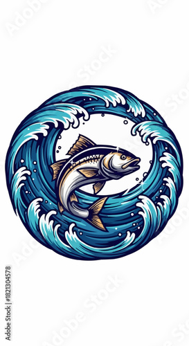 Dynamic Fish Leaping Through Circular Waves Illustration.