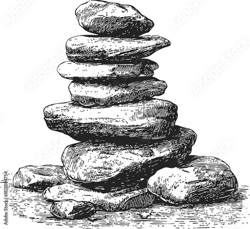 Stacked stones sketch, hand drawn cairn with balanced rocks in detailed line art. Vector illustration