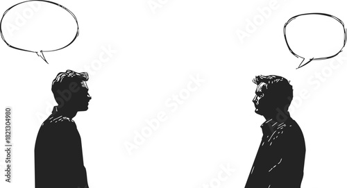Two men silhouette sketch with speech bubbles facing each other. Vector illustration
