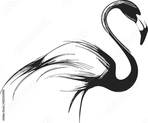 Flamingo sketch hand drawn black ink style with flowing feather details. Vector illustration