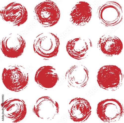 Red brush circle set, sketch hand drawn, grunge abstract round shapes collection. Vector illustration