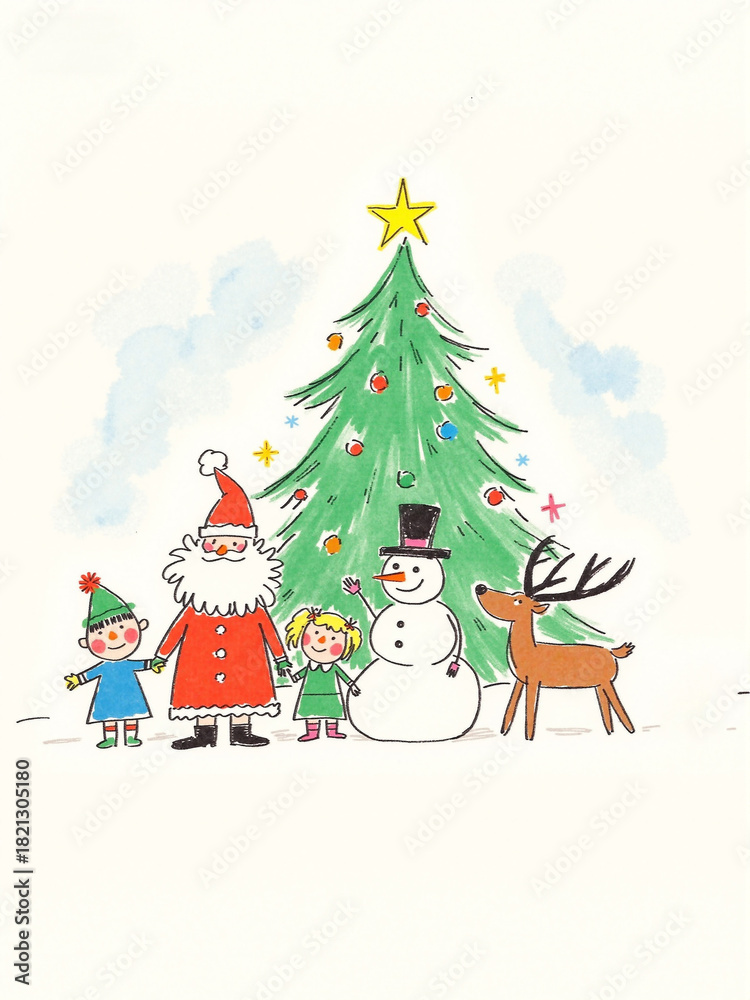 Naklejka premium doodle of santa claus,reindeer, snowman, children and chritmas tree