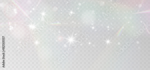 Soft iridescent light sparkles with dreamy pastel glints, glowing bokeh dust and glamorous star flashes on transparent background, creating a luxurious airy shimmer effect.
