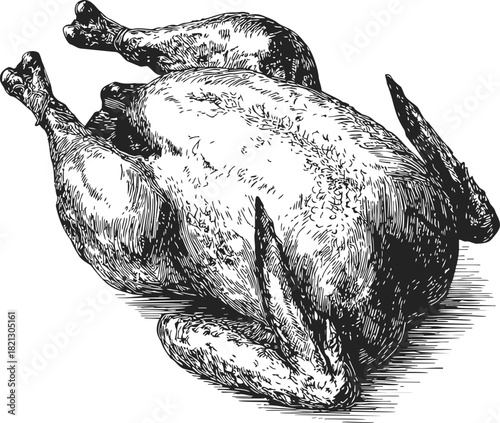 Roast chicken sketch, hand drawn style, whole bird detailed illustration. Vector illustration