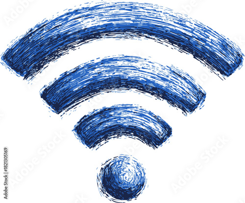 WiFi symbol, hand drawn sketch style with blue brushstrokes, wireless signal icon. Vector illustration