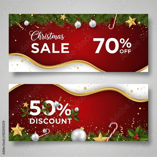 Festive Christmas Sale Banners Template with Holly and Ornaments, Red and Gold Design.