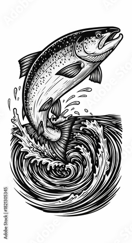 Detailed Illustration of a Salmon Leaping from Water.