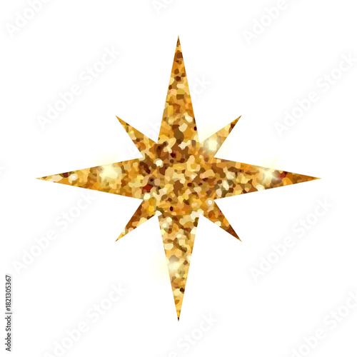 Shiny gold star with eight points. Glitter star icon  isolated on white. Festive holiday element.