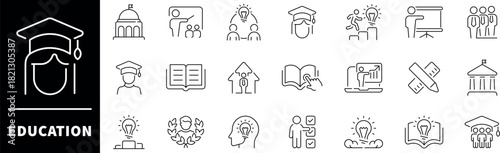 Education vector icons. Education thin line icons collection. Classroom, student, teacher, knowledge, study, lesson, school, education related icons