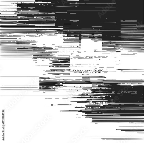 Abstract face sketch, hand drawn vector, fragmented horizontal glitch lines, monochrome art. Vector illustration