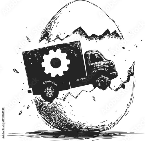 Truck with gear symbol emerging from cracked egg, sketch hand drawn style. Vector illustration