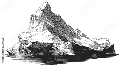Iceberg hand drawn sketch, detailed mountain of ice floating on water. Vector illustration