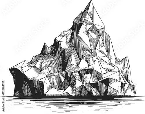 Iceberg hand drawn sketch, detailed geometric ice mountain floating on water. Vector illustration