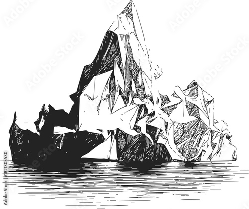 Iceberg sketch hand drawn style with sharp edges floating on calm water. Vector illustration